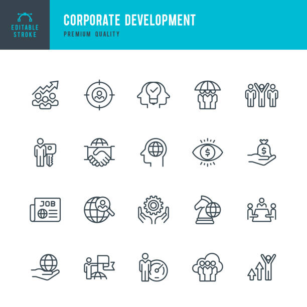 기업 개발-얇은 라인 벡터 아이콘 세트 - efficiency finance computer icon symbol stock illustrations