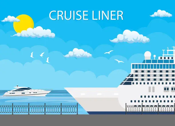 Vector illustration of Cruise ship anchored at sea port,