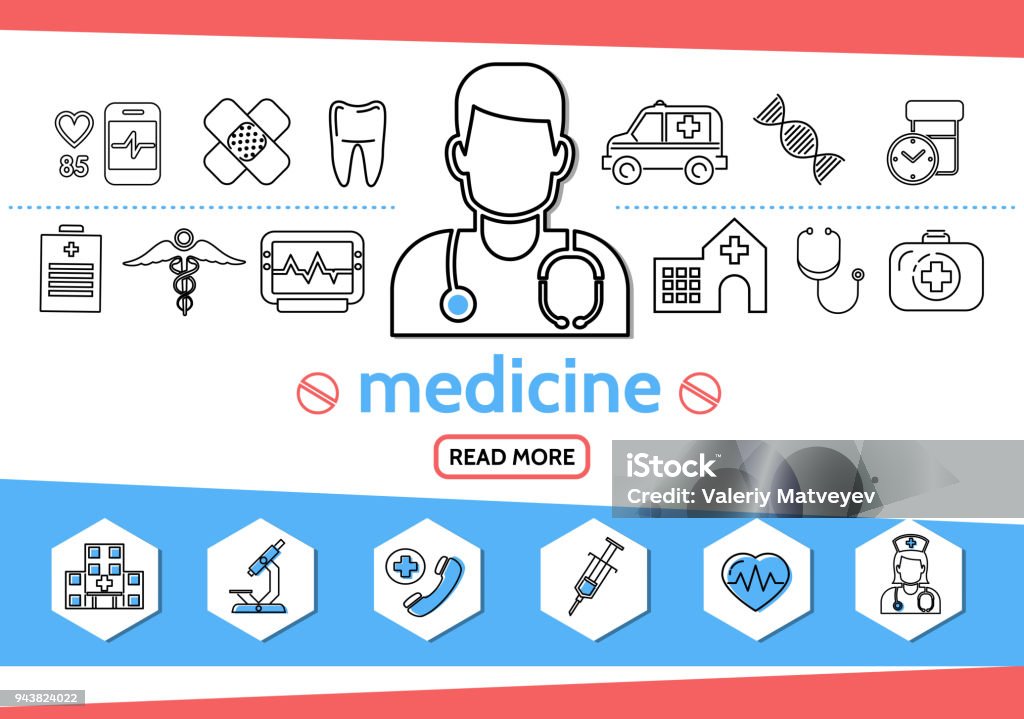 Medicine Line Icons Set Medicine line icons set with doctor nurse syringe microscope tooth ambulance car dna pills caduceus heartbeat stethoscope first aid kit isolated vector illustration Electrocardiography stock vector