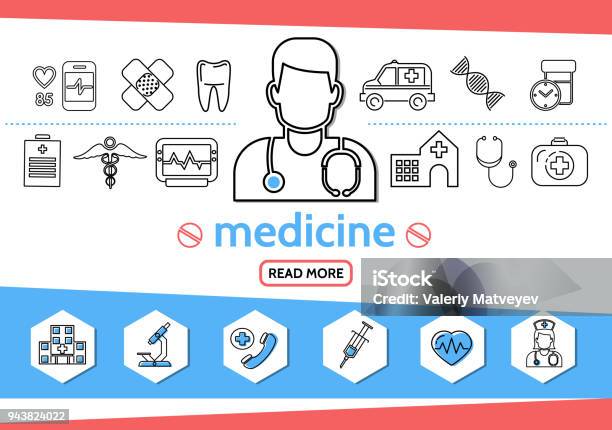 Medicine Line Icons Set Stock Illustration - Download Image Now - Electrocardiography, Heart - Internal Organ, Red