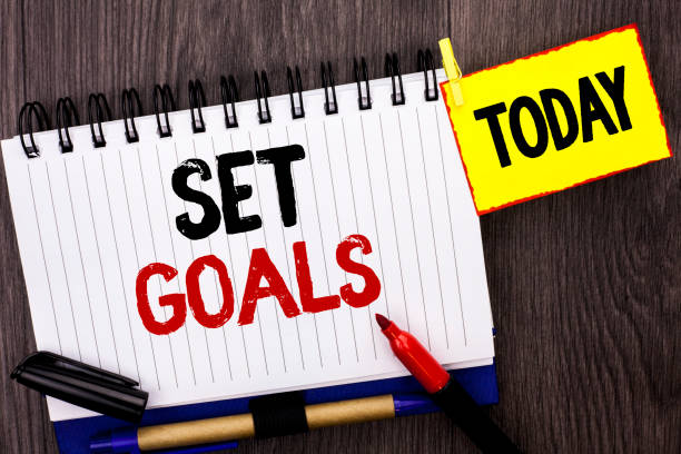 istock Word writing text Set Goals. Business concept for Target Planning Vision Dreams Goal Idea Aim Target Motivation written on Notebook Book on the wooden background Today Marker next to it. 943824470
