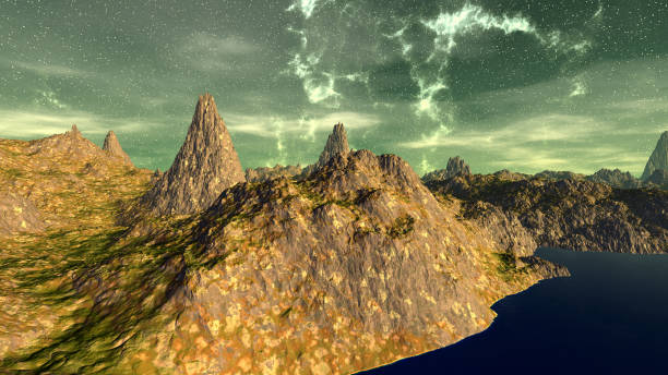 istock Alien Planet. Mountain and  water. 3D rendering 943827786