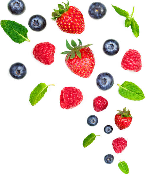 falling  various fresh berries isolated on white background, close up. flying strawberry, mint, raspberry and blueberry"n - falling fruit berry fruit raspberry imagens e fotografias de stock