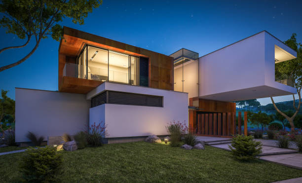 istock 3d rendering of modern cozy house by the river at night 943830348