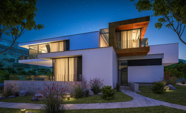 istock 3d rendering of modern cozy house by the river at night 943830360