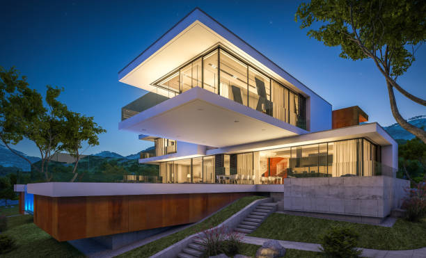 3d rendering of modern cozy house by the river at night