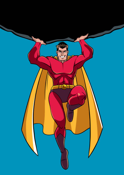 Superhero Holding Boulder Front view full length illustration of a powerful and brave superhero holding a huge boulder above his head during a dangerous mission superheld stock illustrations