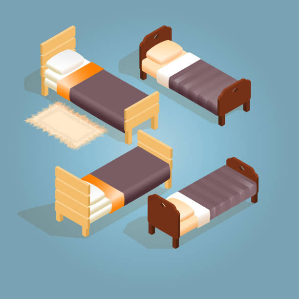 Isometric cartoon wooden bed for one person. Isometric cartoon wooden bed for one person with a pillow and a blanket. Furniture icon set isolated on blue. Front and back.  Vector flat style 3d illustration. head board bed blue stock illustrations
