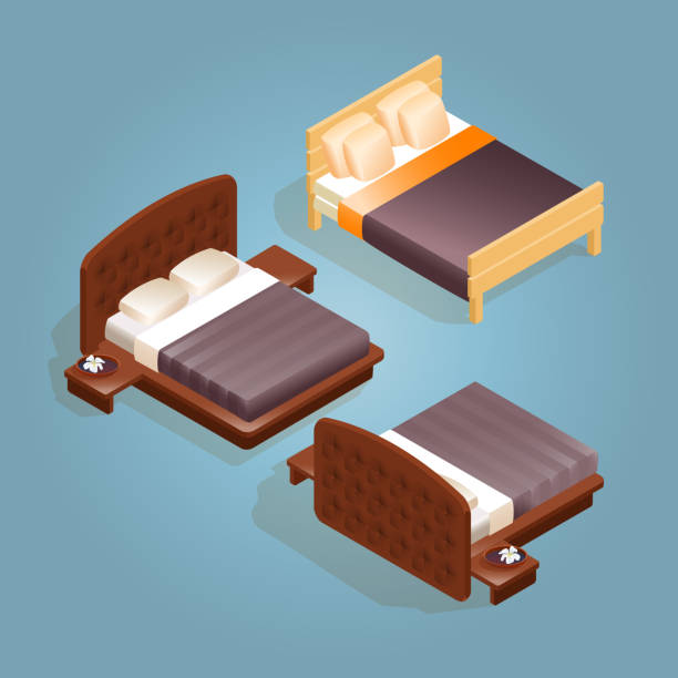 Isometric cartoon double king size beds isolated on blue. Isometric cartoon double king size beds with mattress and a high back. Furniture icon set isolated on blue. Front and back.  Vector flat style 3d illustration. head board bed blue stock illustrations