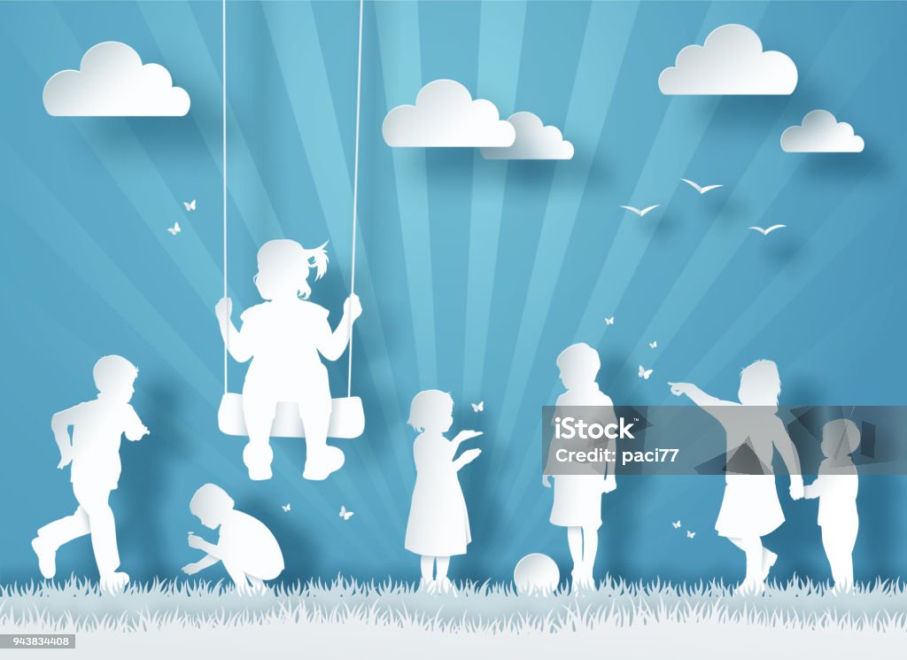 Silhouette of Happy Children Playing. Paper cut style Papercutting stock vector