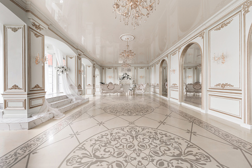 Lujoso interior vintage con chimenea en el estilo aristocrático. Grandes ventanas y espejos. Columnas y arcos, adorno en el piso brillante photo
