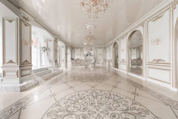 Luxurious vintage interior with fireplace in the aristocratic style. Large Windows and mirrors. Columns and arches, ornament on the glossy floor.