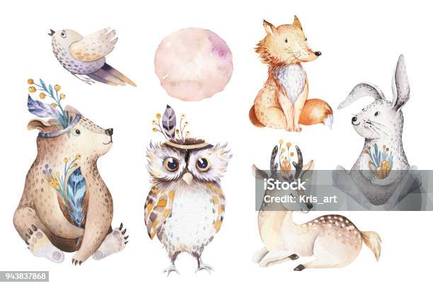 Joli Bébé Bohème Aquarelle Dessin Animé Lapin Et Ours Animal Pour La Maternelle Boisé Pépinière Chevreuil Renard Et Owl Isolé Lapin Forêt Illustrations Pour Les Enfants Animaux Lapins Vecteurs libres de droits et plus d'images vectorielles de Aquarelle