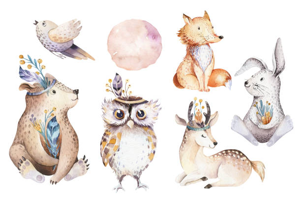 Cute watercolor bohemian baby cartoon rabbit and bear animal for kindergarten, woodland deer, fox and owl nursery isolated bunny forest illustration for children. Bunnies animals. Cute watercolor bohemian baby cartoon rabbit and bear animal for kindergarten, woodland deer, fox and owl nursery isolated bunny forest illustration for children. Bunnies animals bohemia stock illustrations