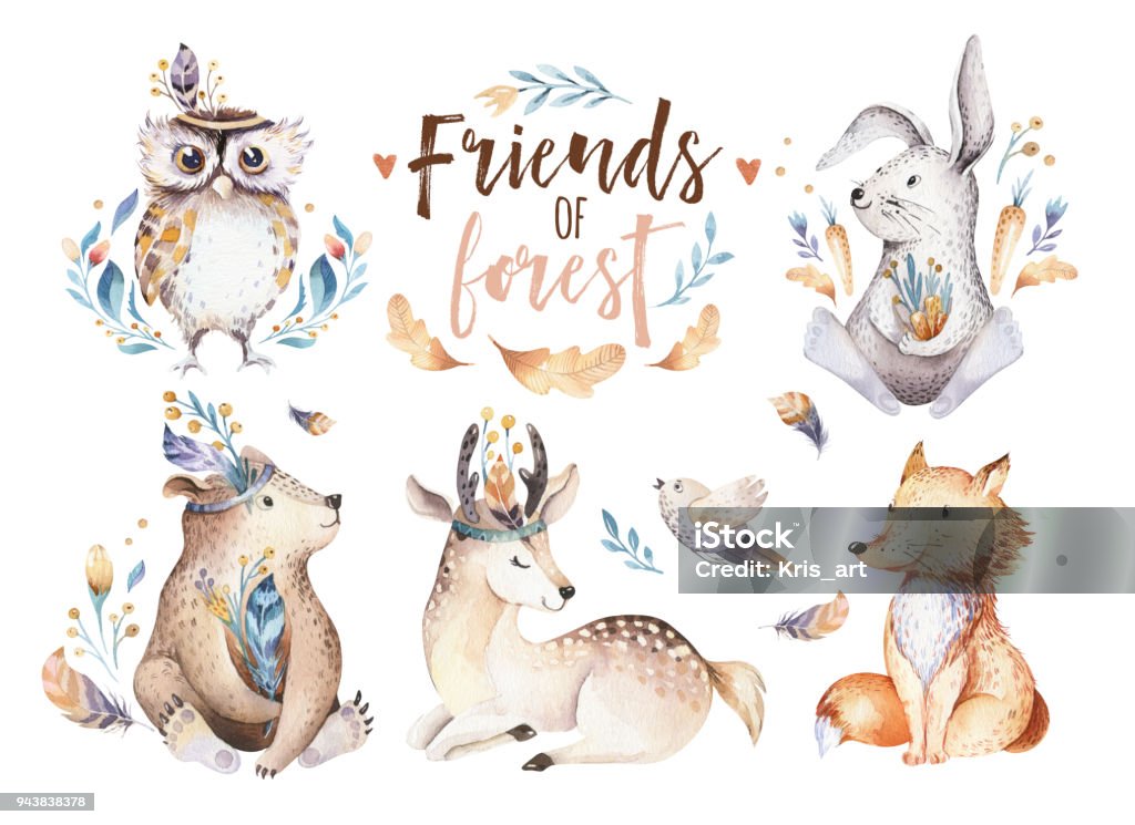 Cute watercolor bohemian baby cartoon rabbit and bear animal for kindergarten, woodland deer, fox and owl nursery isolated bunny forest illustration for children. Bunnies animals. Big collection of different hand drawn floral elements on chalkboard background. Animal stock illustration