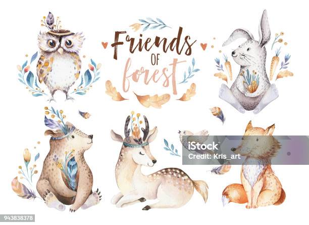 Cute Watercolor Bohemian Baby Cartoon Rabbit And Bear Animal For Kindergarten Woodland Deer Fox And Owl Nursery Isolated Bunny Forest Illustration For Children Bunnies Animals Stock Illustration - Download Image Now