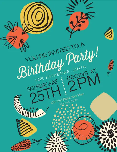 Vector illustration of Retro Mid Century Modern Style Birthday Party Invitation