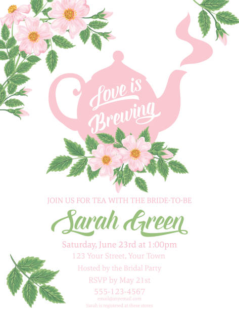 Garden Party Tea Bridal Shower Invitation Template Garden party or afternoon tea bridal shower invitation template. There are wild roses and tea on the card. bridal shower stock illustrations