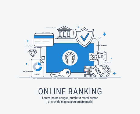 Online banking, security payments, transactions, investments and deposits, advanced information technology. Modern thin line vector illustration.