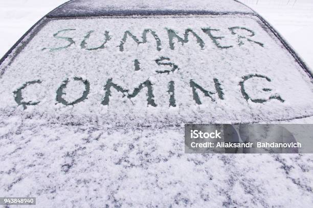 The Inscription Soon The Summer On The Frozen Glass Of The Car Stock Photo - Download Image Now