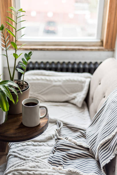 A comfortable looking sofa with a cup of coffee.