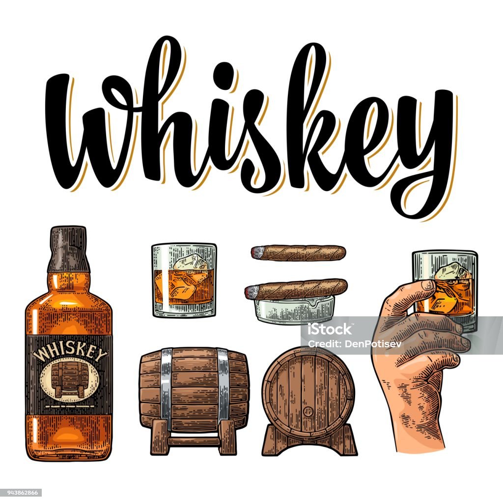 Whiskey glass with ice cubes, barrel, bottle and cigar. Whiskey glass with ice cubes, barrel, male hand, ashtray, bottle and cigar. Vector vintage color engraving isolated on white background. Hand drawn design element for poster, invitation to party Bourbon Whiskey stock vector