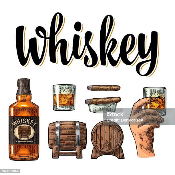 Whiskey Glass With Ice Cubes Barrel Bottle And Cigar Stock Illustration - Download Image Now