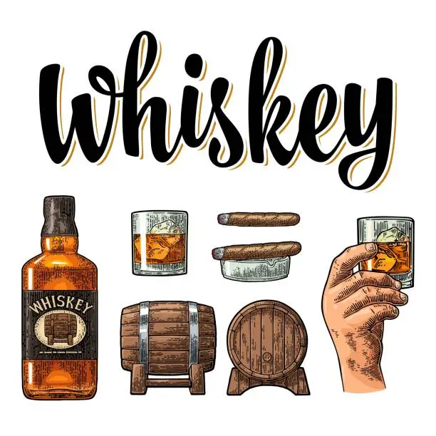 Vector illustration of Whiskey glass with ice cubes, barrel, bottle and cigar.