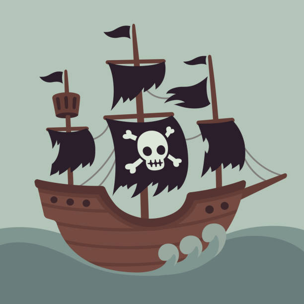 Scary haunted pirate ship Haunted ghost ship illustration with Jolly Roger pirate flag and torn sails. Cartoon vector drawing. ghost ship stock illustrations