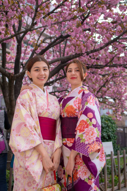 istock Young twin sisters in kimono standing under cherry tree 943881670