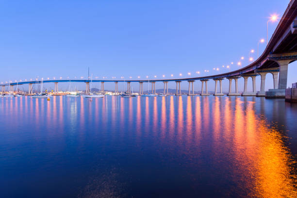 мост коронадо в сумерках - вид на мост коронадо крупным планом, извилистый над спокойным заливом сан-диего. - southern sky стоковые фото и изображения