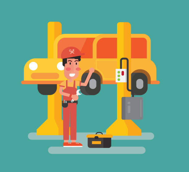 Car Service and repair maintenance - car on the lift vector art illustration