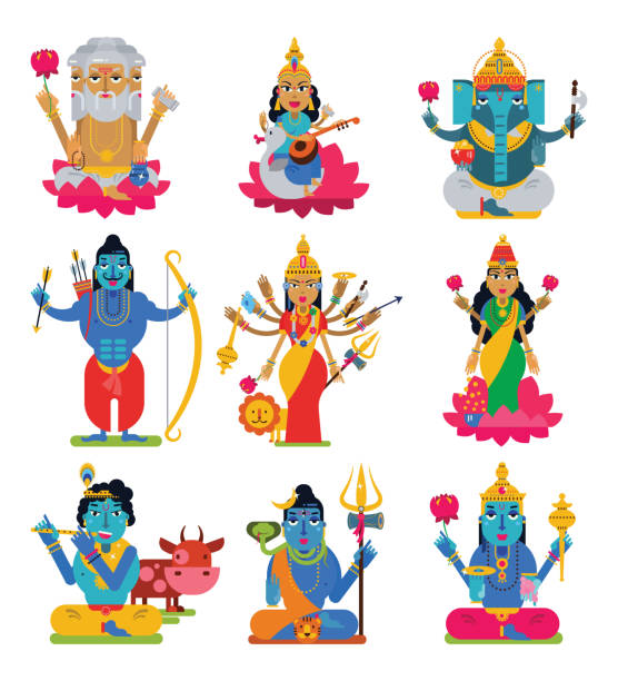 인도 하나님 벡터 힌두교 신성 여신 캐릭터와 힌두교 신과 같은 우상의 코끼리 아시아 경건한 종교 흰색 배경에 고립의 인도 그림 세트 - indian god stock illustrations