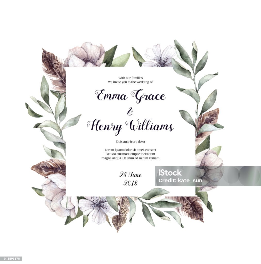 Hand drawn watercolor illustration - Floral frame. Spring branches with anemone flowers and feathers. Perfect for wedding invitations, greeting cards, certificates, prints and more Wedding Invitation stock illustration