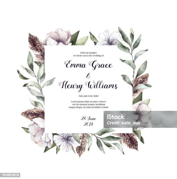 Hand Drawn Watercolor Illustration Floral Frame Spring Branches With Anemone Flowers And Feathers Perfect For Wedding Invitations Greeting Cards Certificates Prints And More Stock Illustration - Download Image Now