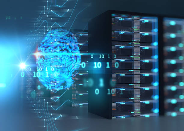 istock finger print on Corridor of  server room with server racks in datacenter. 3d illustration 943899908
