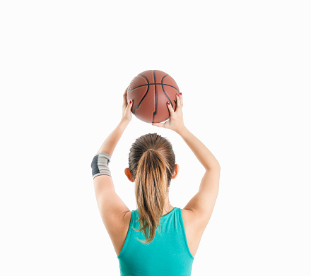 Woman Shooting Basketball rear back view