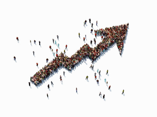 Human Crowd Forming An Arrow Shape Map: Finance Concept Human crowd forming an arrow shape on white background. Horizontal  composition with copy space. Clipping path is included. Finance concept. number of people stock pictures, royalty-free photos & images