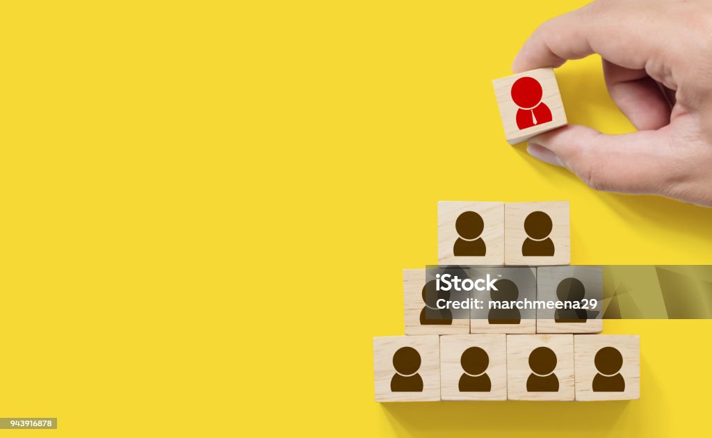 Human resource management and recruitment business concept, Hand putting wood cube block on top pyramid, Copy space Building - Activity Stock Photo