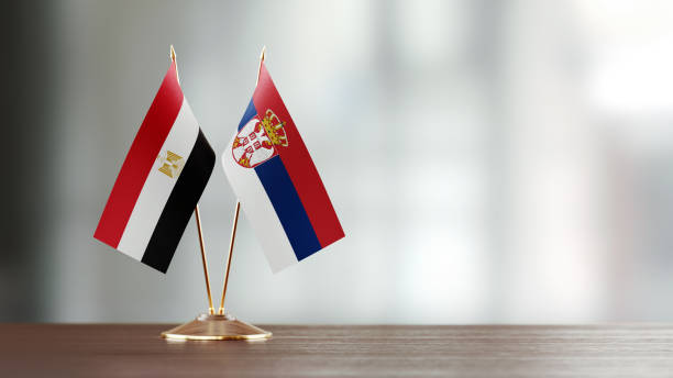 istock Egyptian And Serbian Flag Pair On A Desk Over Defocused Background 943917048