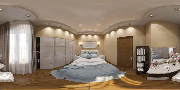 3d illustration spherical 360 degrees, seamless panorama of bedroom interior design stock photo