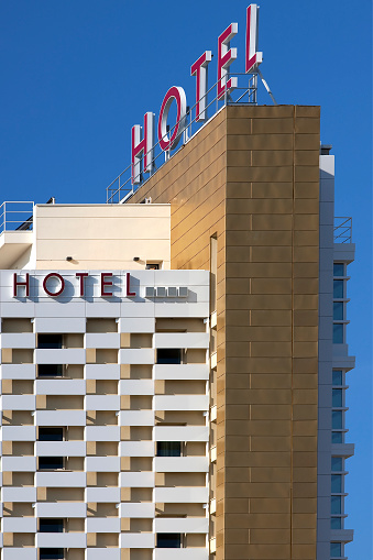 Modern hotel with red header