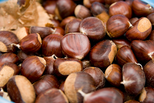 Fresh sweet chestnuts. Roasted chestnuts. On white background