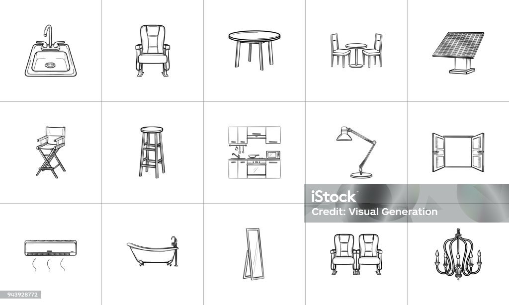 Furniture hand drawn sketch icon set Furniture hand drawn outline doodle icon set for print, web, mobile and infographics. Furniture vector sketch illustration set isolated on white background. Sketch stock vector