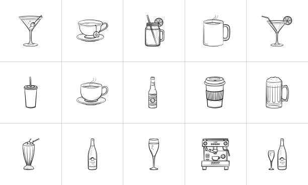 пейте рисовать эскиз значок набор - coffee alcohol wine chocolate stock illustrations