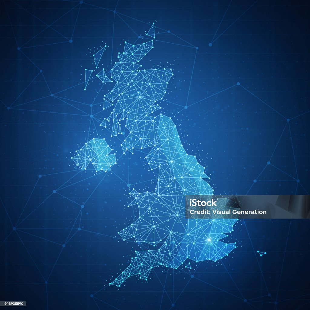 Polygon United kingdom map on blockchain banner Polygon United kingdom map with blockchain technology peer to peer network on futuristic hud background. Network, e-commerce, bitcoin trade and cryptocurrency blockchain business banner concept. UK stock illustration