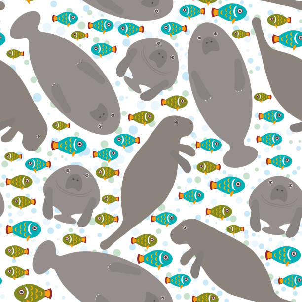 Seamless pattern Cute cartoon manatee and fish on white background. Vector Seamless pattern Cute cartoon manatee and fish on white background. Vector illustration manatus stock illustrations