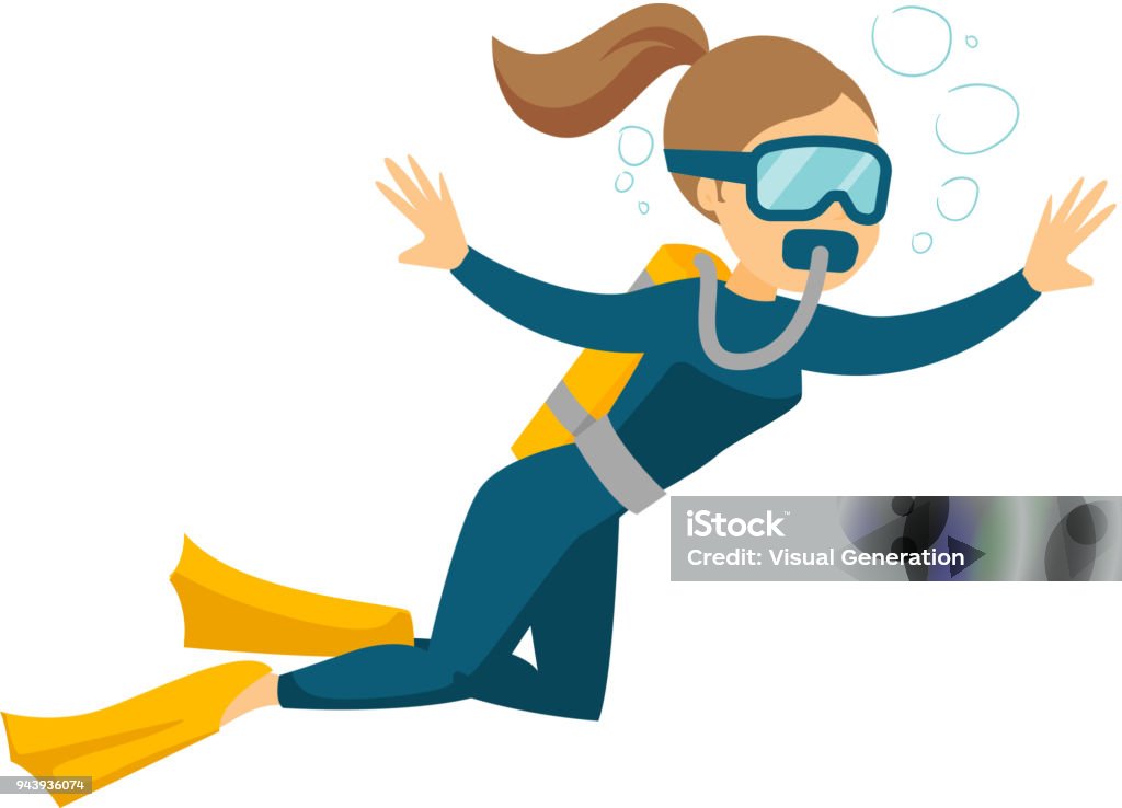 Caucasian white scuba diver enjoying the dive Young caucasian white woman in diving suit and fins swimming underwater with scuba. Woman enjoying the dive. Vector cartoon illustration isolated on white background. Horizontal layout. Scuba Diving stock vector