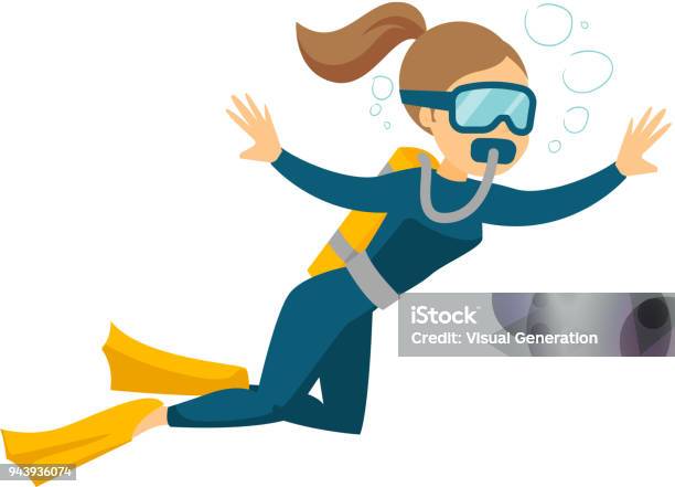 Caucasian White Scuba Diver Enjoying The Dive Stock Illustration - Download Image Now - Scuba Diving, Snorkeling, Underwater Diving