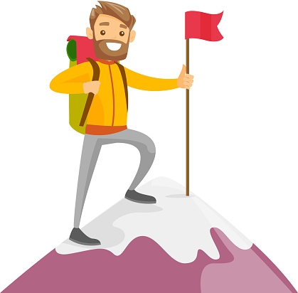 Young Caucasian White Man On The Top Of Mountain Stock Illustration -  Download Image Now - Mountain Climbing, Cartoon, Hiking - iStock